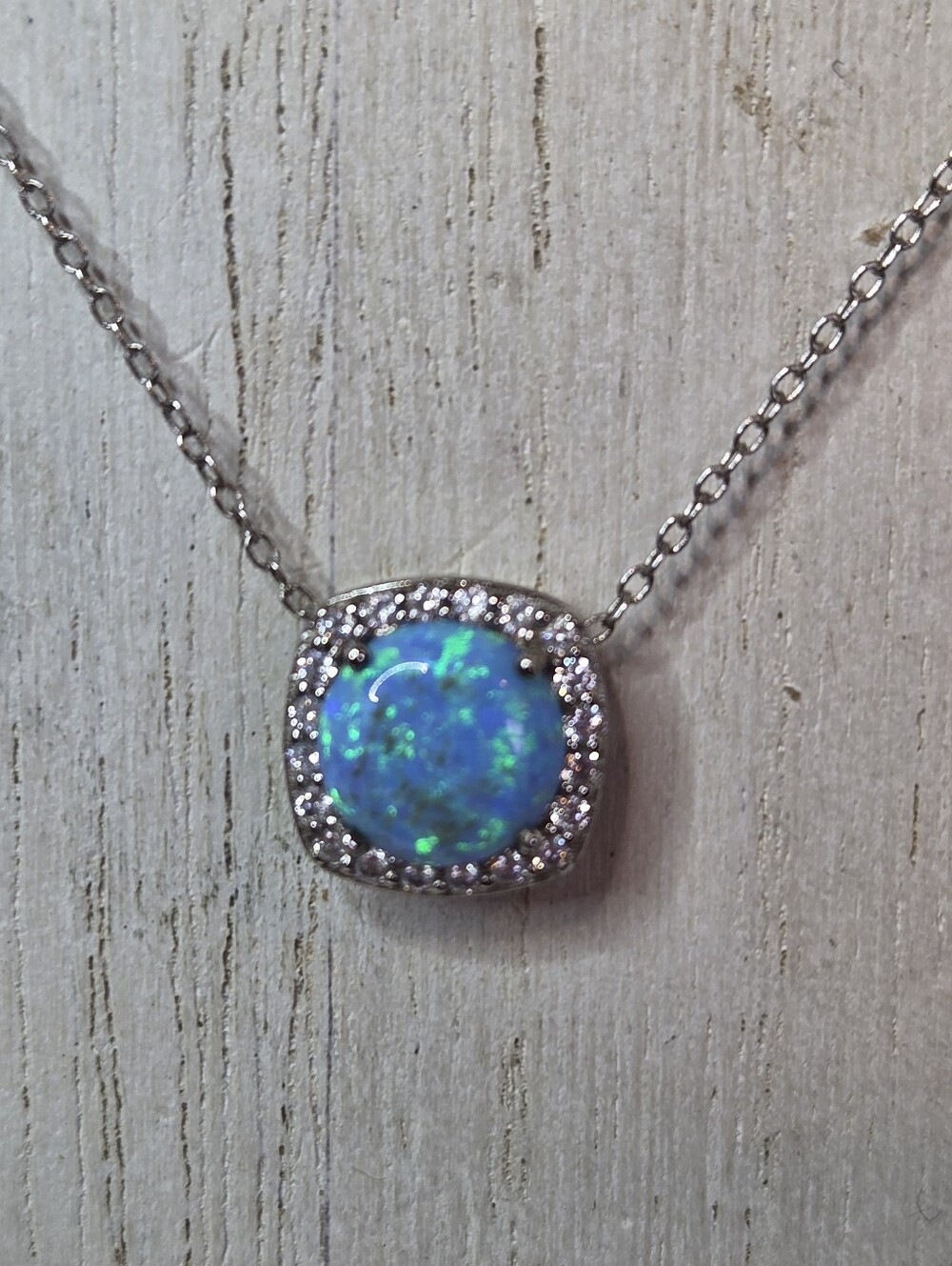925 Sterling Silver Blue Opal Halo Pendant Necklace Clear Accent Stones